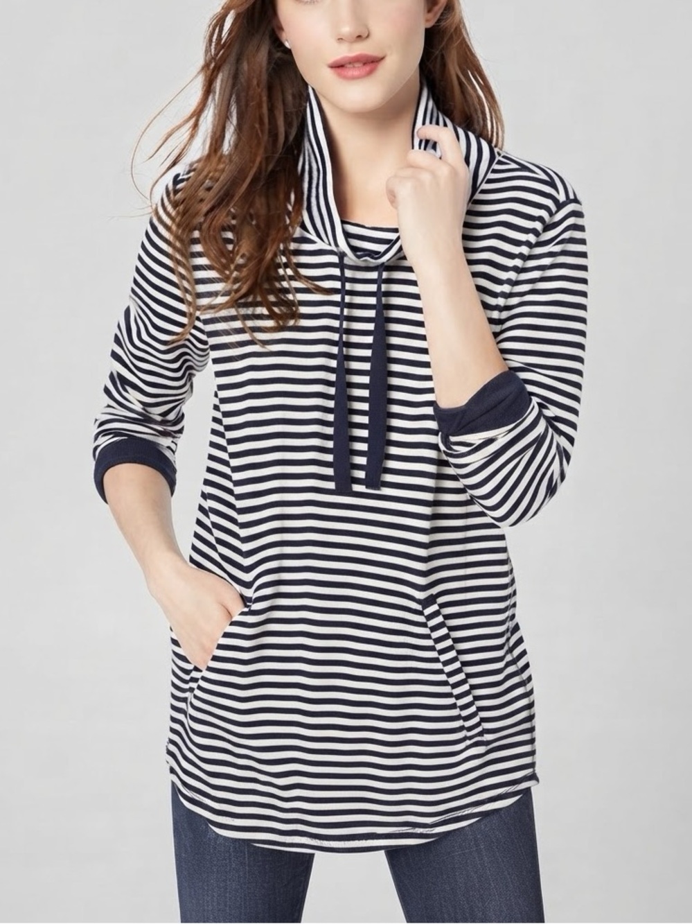 J.Crew Mercantile Striped Waffle Knit Funnel Neck Tunic Sweatshirt Navy Blue S